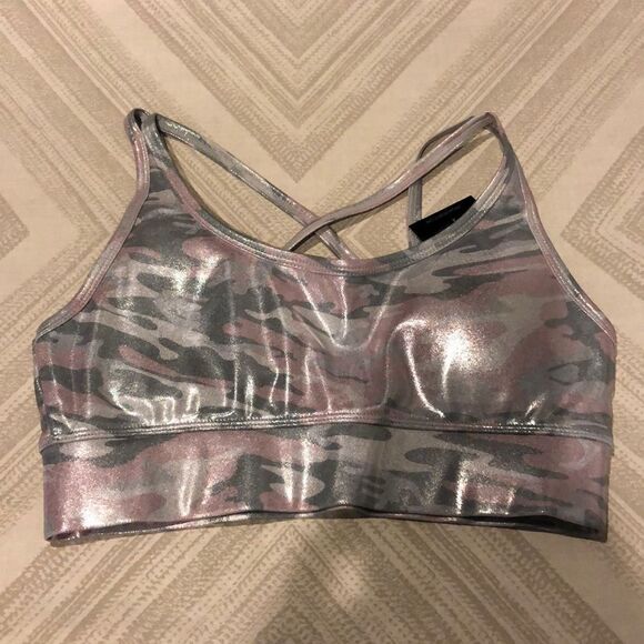 PrismSport Pink/Gray Shiny Camouflage Padded Sports Bra - Picture 1 of 7